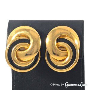 Vintage Gold Tone Double Circle Clip On Earrings Black Enamel 80s